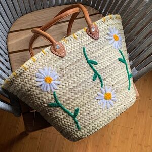 Floral Straw Tote bag - basket - beach bag - real Leather Handles Moroccan
